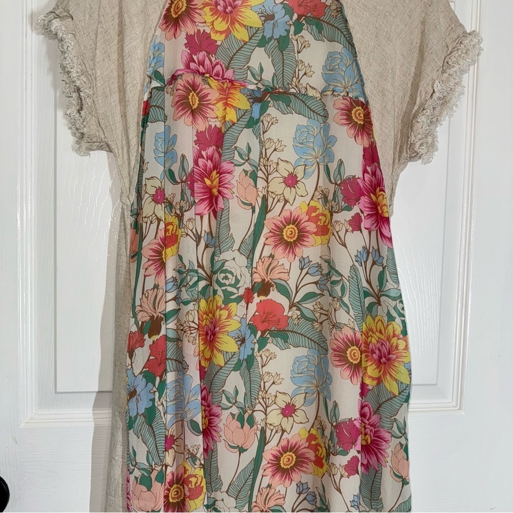 Umgee Beige Mini Linen Dress with High Low Ruffle Fringe and Floral Print - Picture 11 of 16